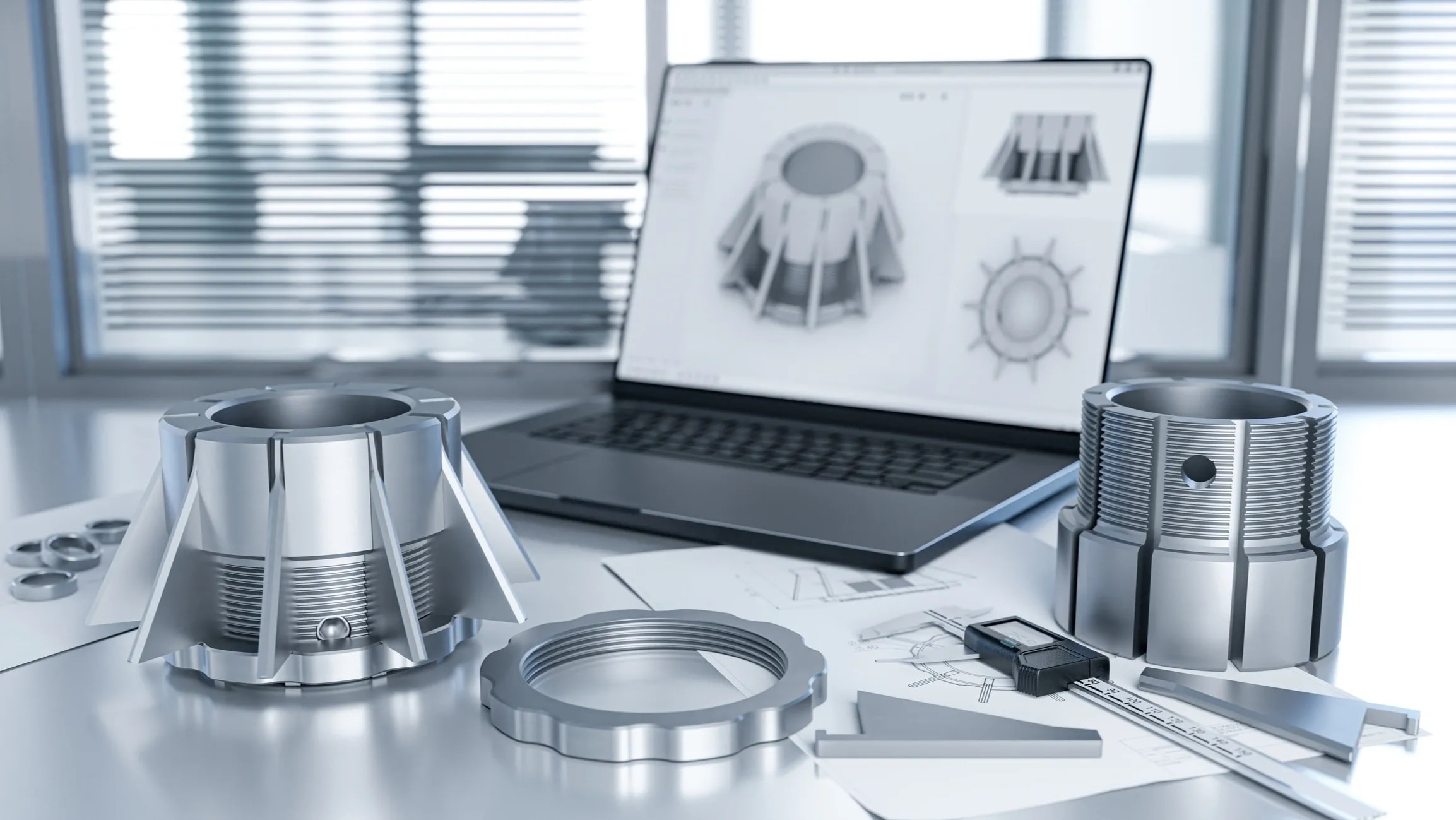 Engineering blueprint with 3D metal part